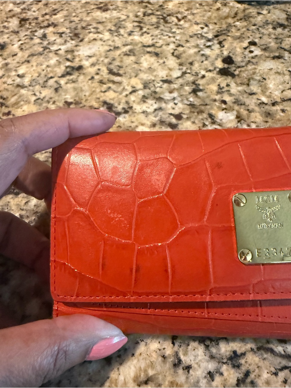 AUTHENTIC MCM Croc-Embossed Red-Orange Leather Wallet - Picture 4 of 13